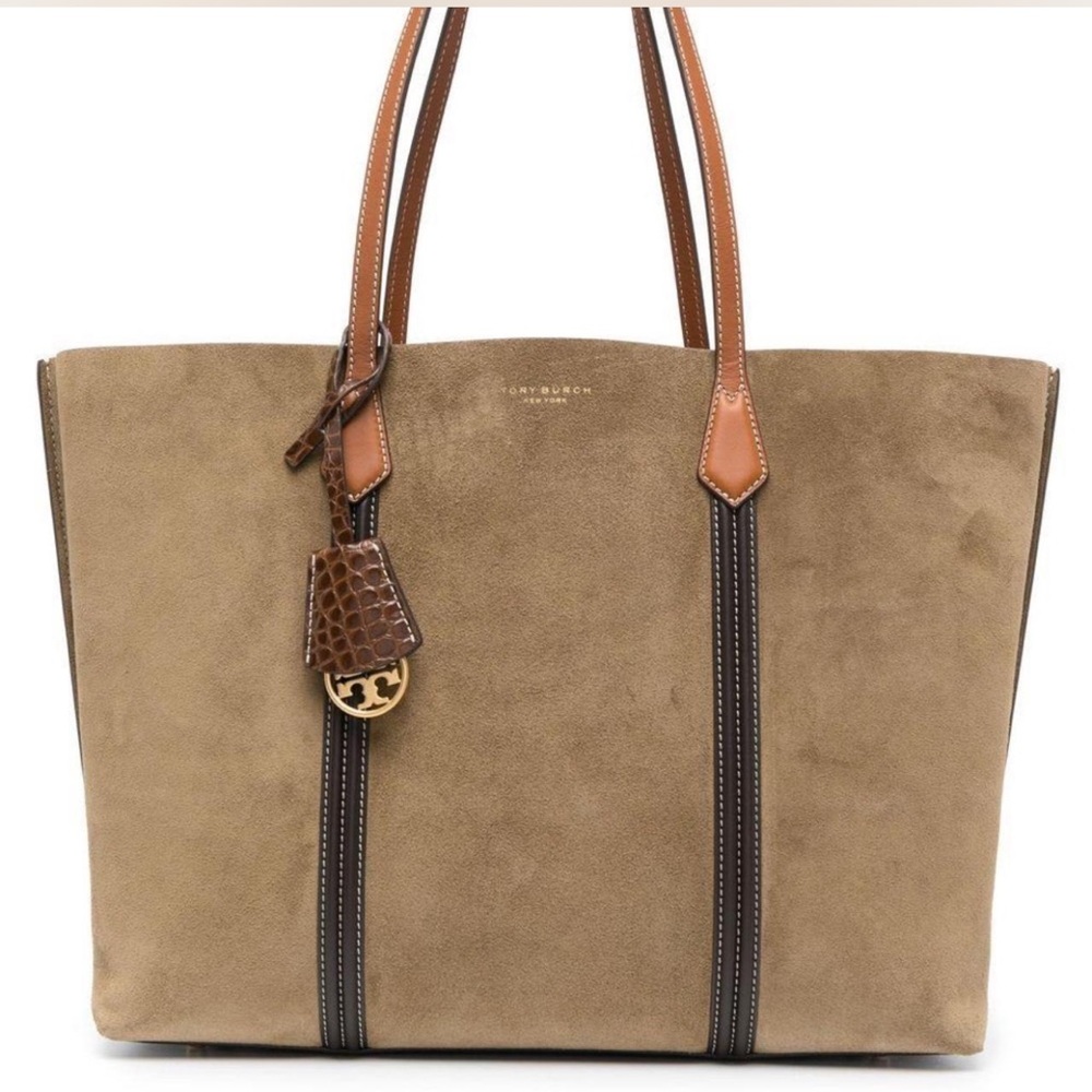 Tory Burch Khaki Suede Tote with Brown Accents